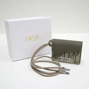 Dior Saddle Flap Card Case Bifold Wallet Canvas Leather Multi Green :multi X